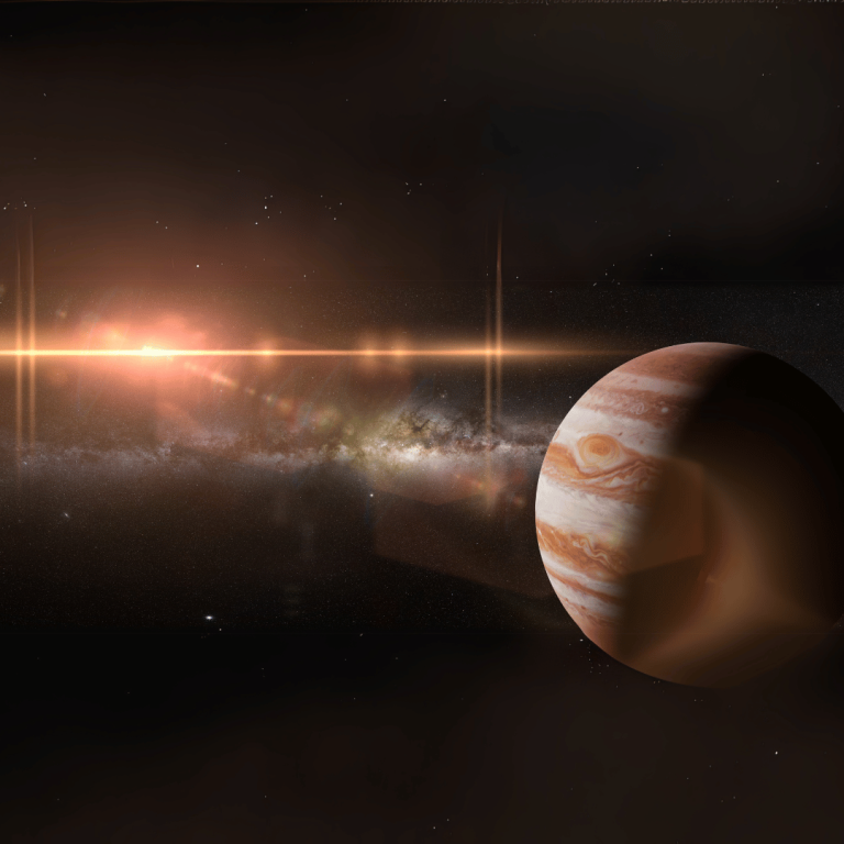 Jupiter vor einem leuchtenden Sternenhintergrund im Weltraum.