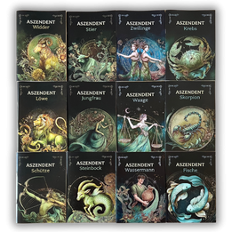 Sechs Bücher mit dem Titel "Aszendent Steinhock", auf schwarzem Hintergrund.