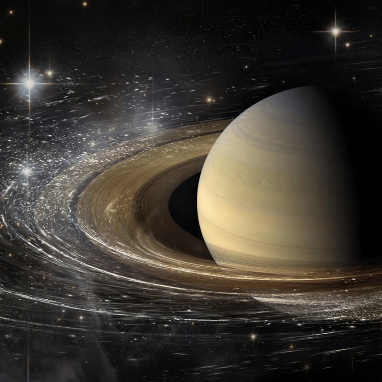 Saturn mit seinen Ringen und einem Hintergrund aus Sternen und Galaxien.